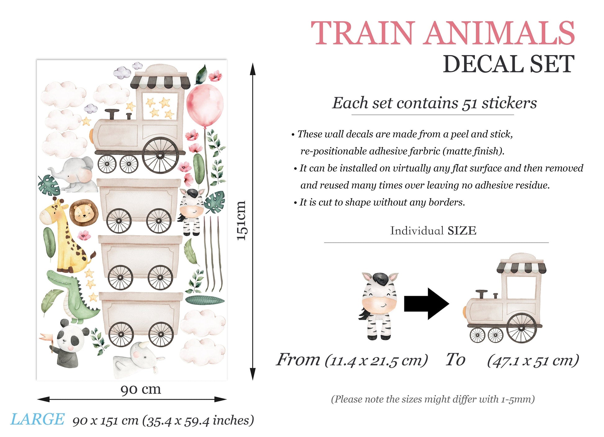 Safari Train Adventure Wall Decal - Elephant Giraffe Hippo Zebra Lion with Clouds and Stars - BR445