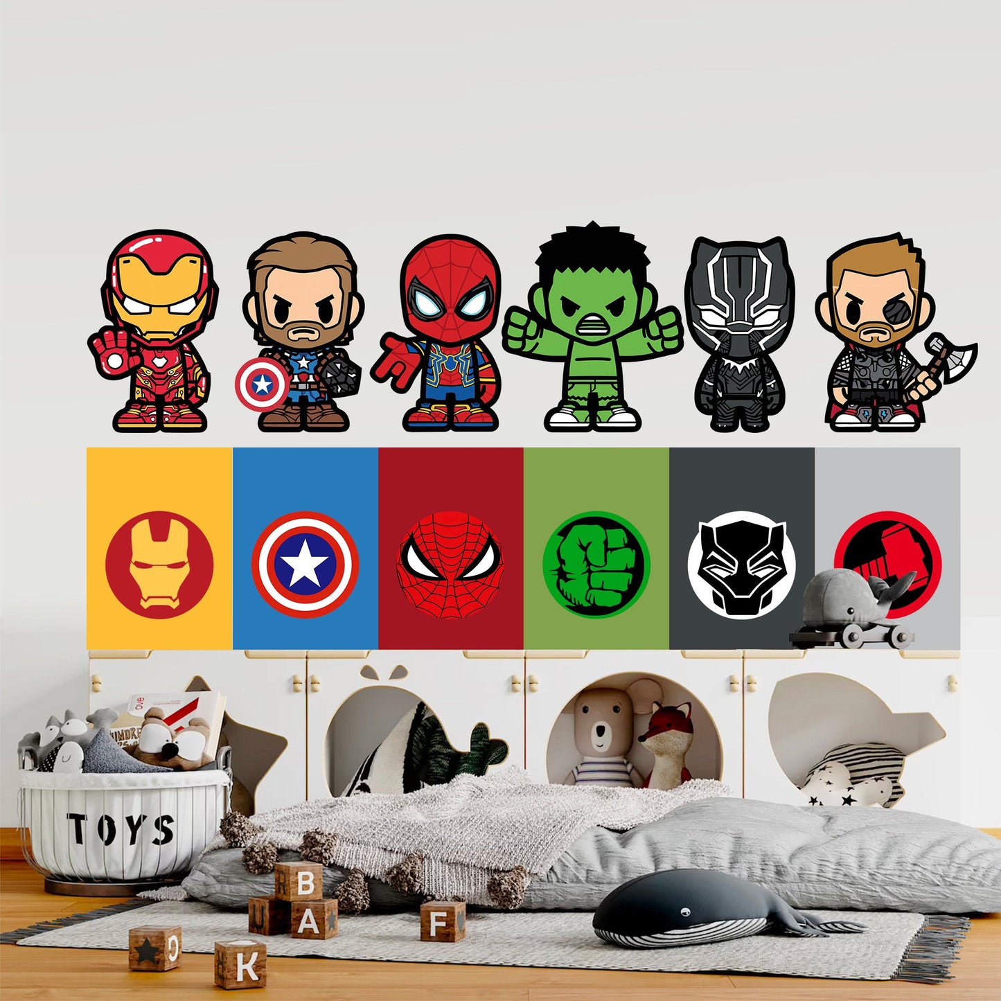 Marvel Superheroes with Logo Flags Wall Decal - Spiderman Iron Man Captain America - Boys Room Decoration