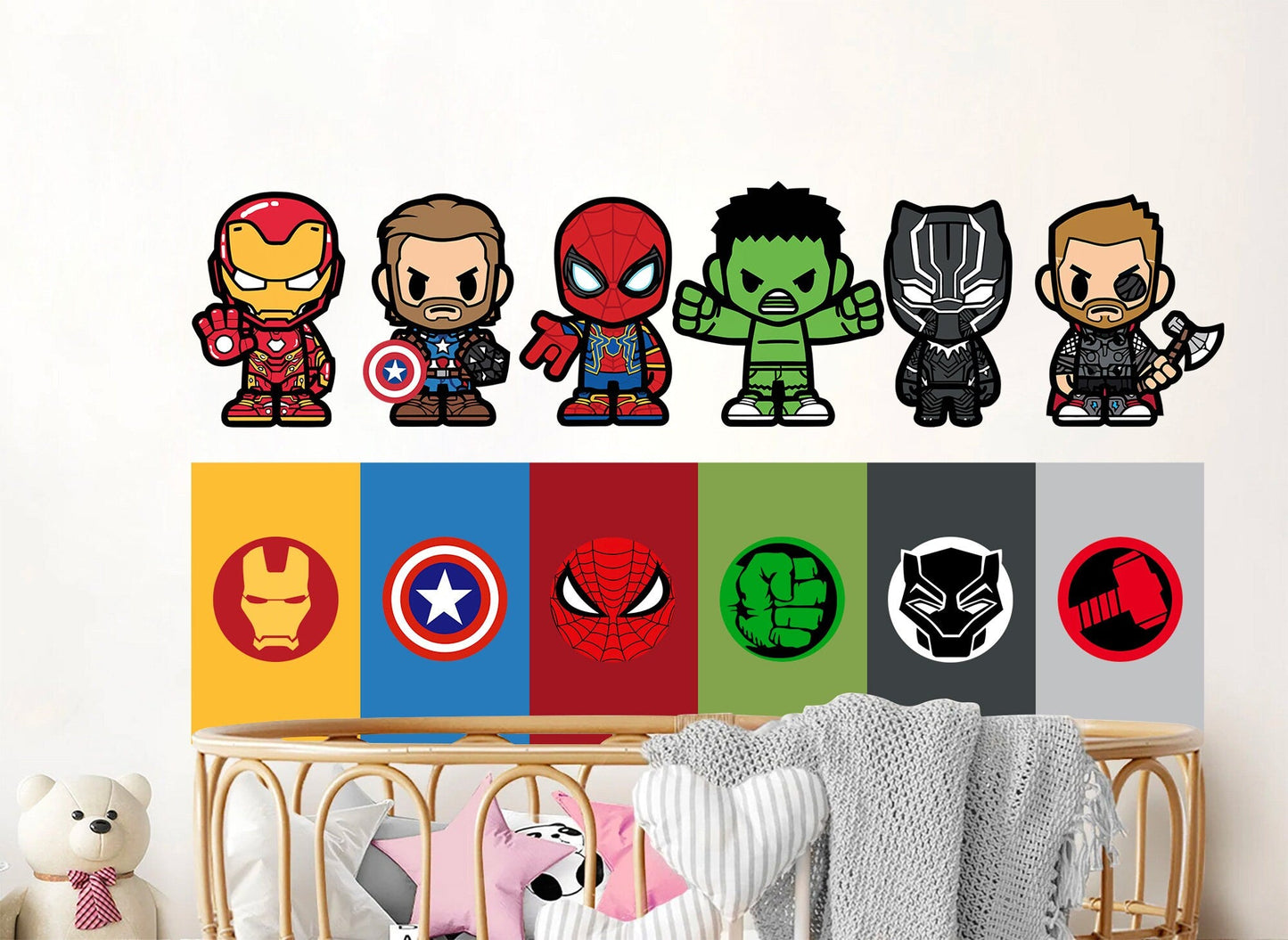 Marvel Superheroes with Logo Flags Wall Decal - Spiderman Iron Man Captain America - Boys Room Decoration
