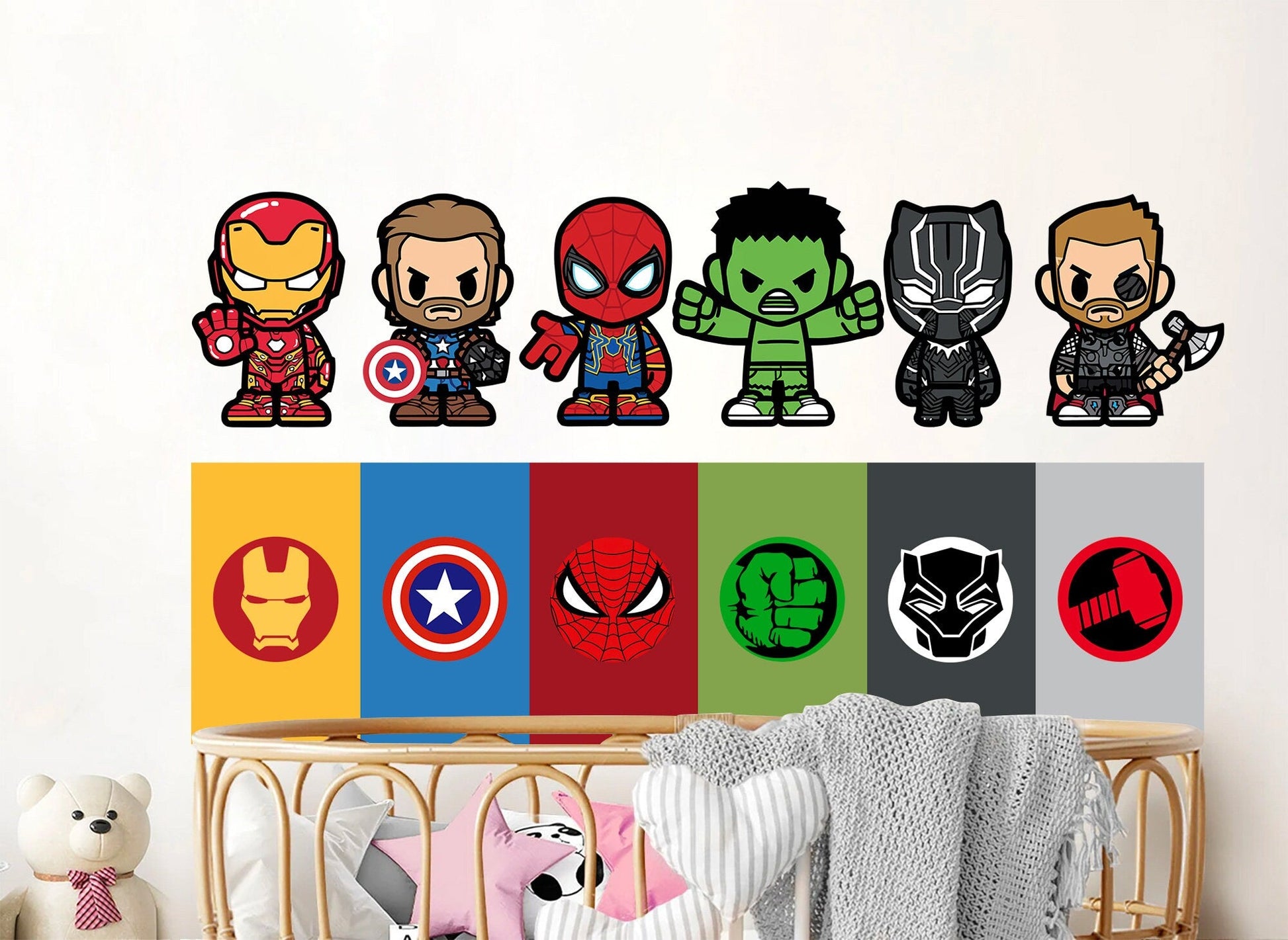 Marvel Superheroes with Logo Flags Wall Decal - Spiderman Iron Man Captain America - Boys Room Decoration