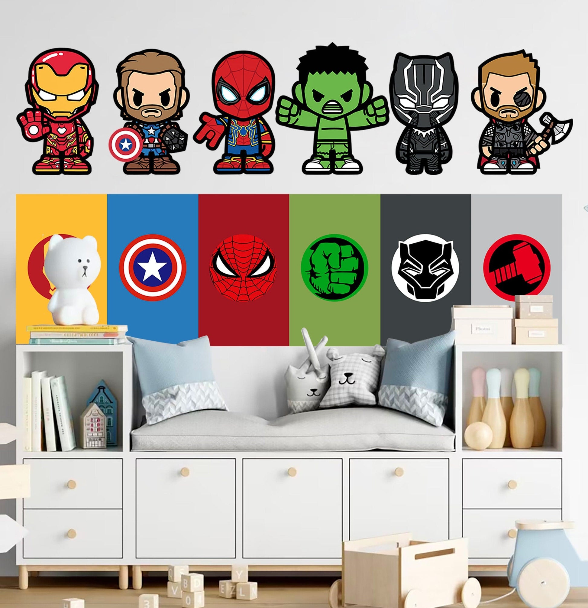 Marvel Superheroes with Logo Flags Wall Decal - Spiderman Iron Man Captain America - Boys Room Decoration