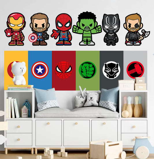 Marvel Superheroes with Logo Flags Wall Decal - Spiderman Iron Man Captain America - Boys Room Decoration
