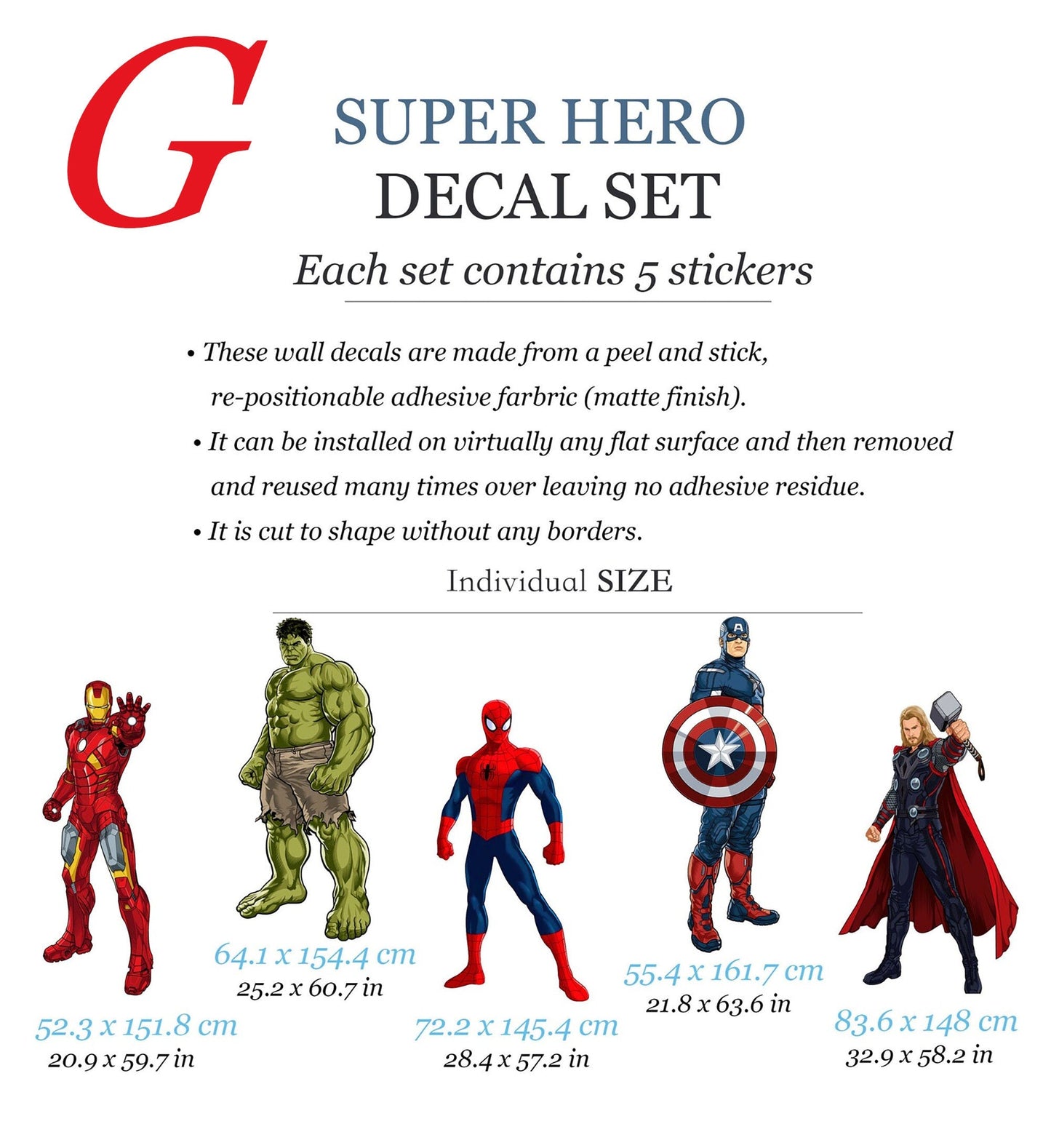 Standing Superhero Avengers Wall Decal - Spiderman Captain America Hulk Iron Man - Boy Bedroom Decor
