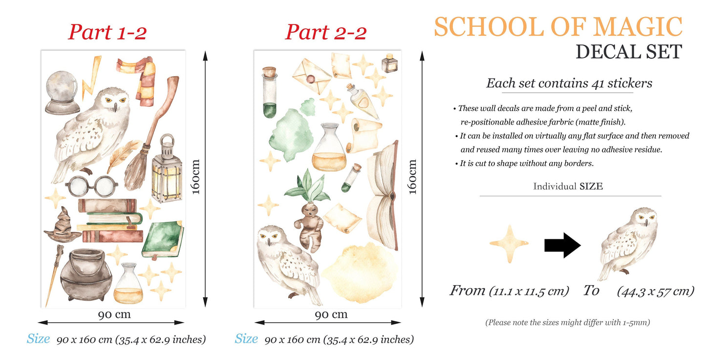 Enchanted Wizardry Wall Decals Set - School of Magic Owl Wand Potion - BR198