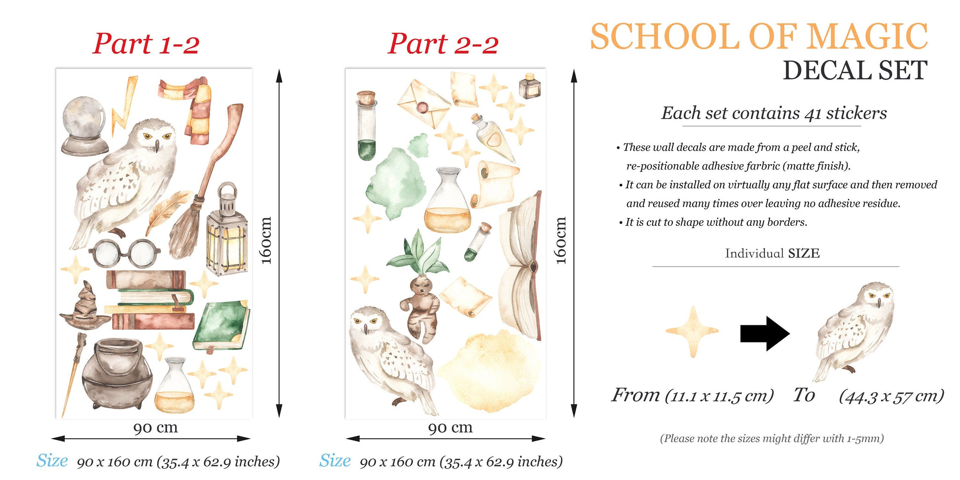 Enchanted Wizardry Wall Decals Set - School of Magic Owl Wand Potion - BR198