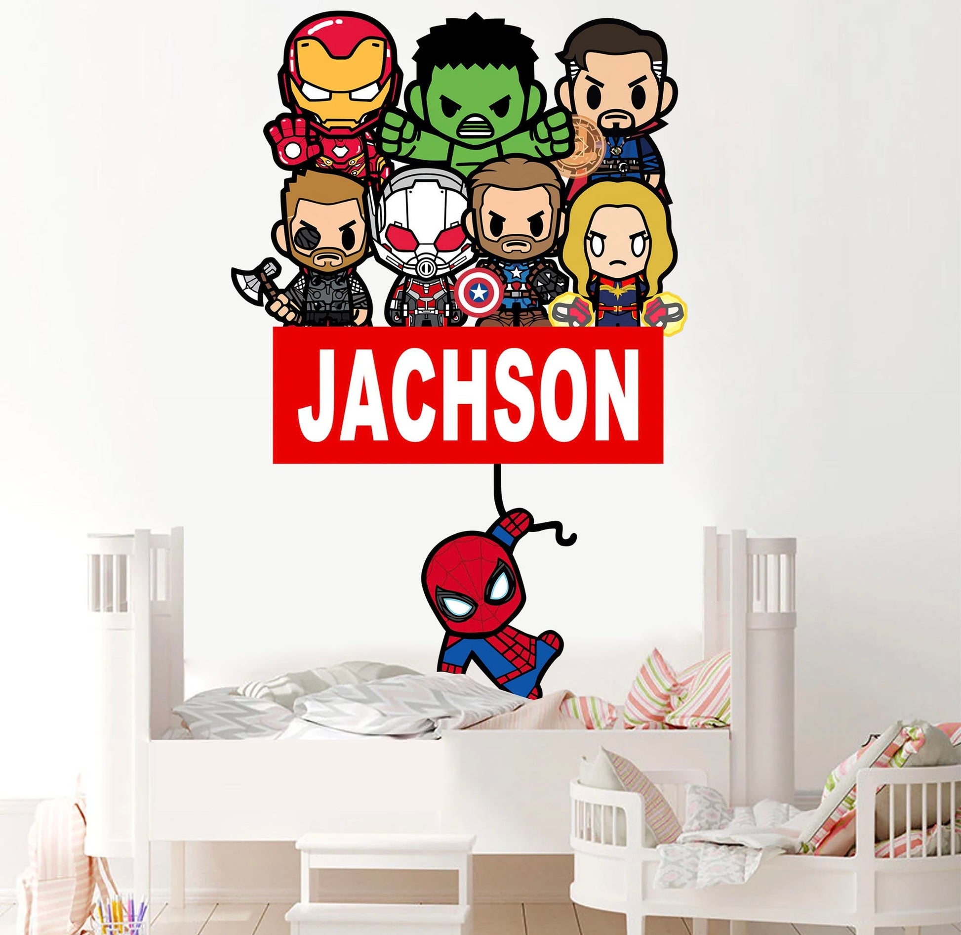 Custom Personalized Name with Baby Avengers Superhero Nursery Wall Decal - Hulk Spiderman Iron Man Captain America