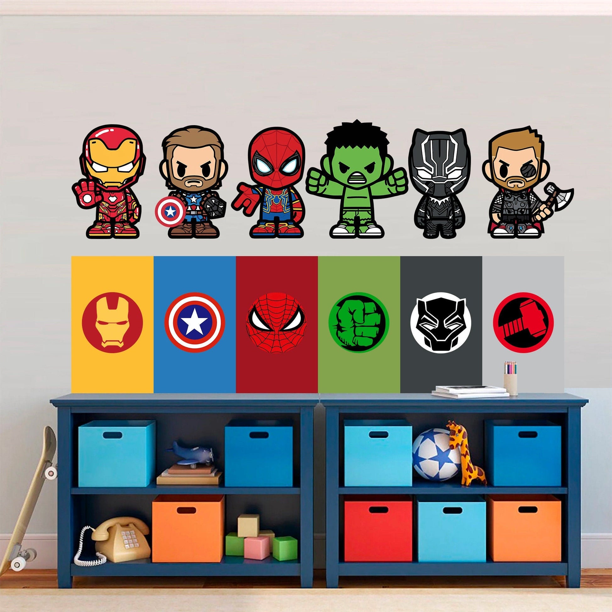 Marvel Superheroes with Logo Flags Wall Decal - Spiderman Iron Man Captain America - Boys Room Decoration