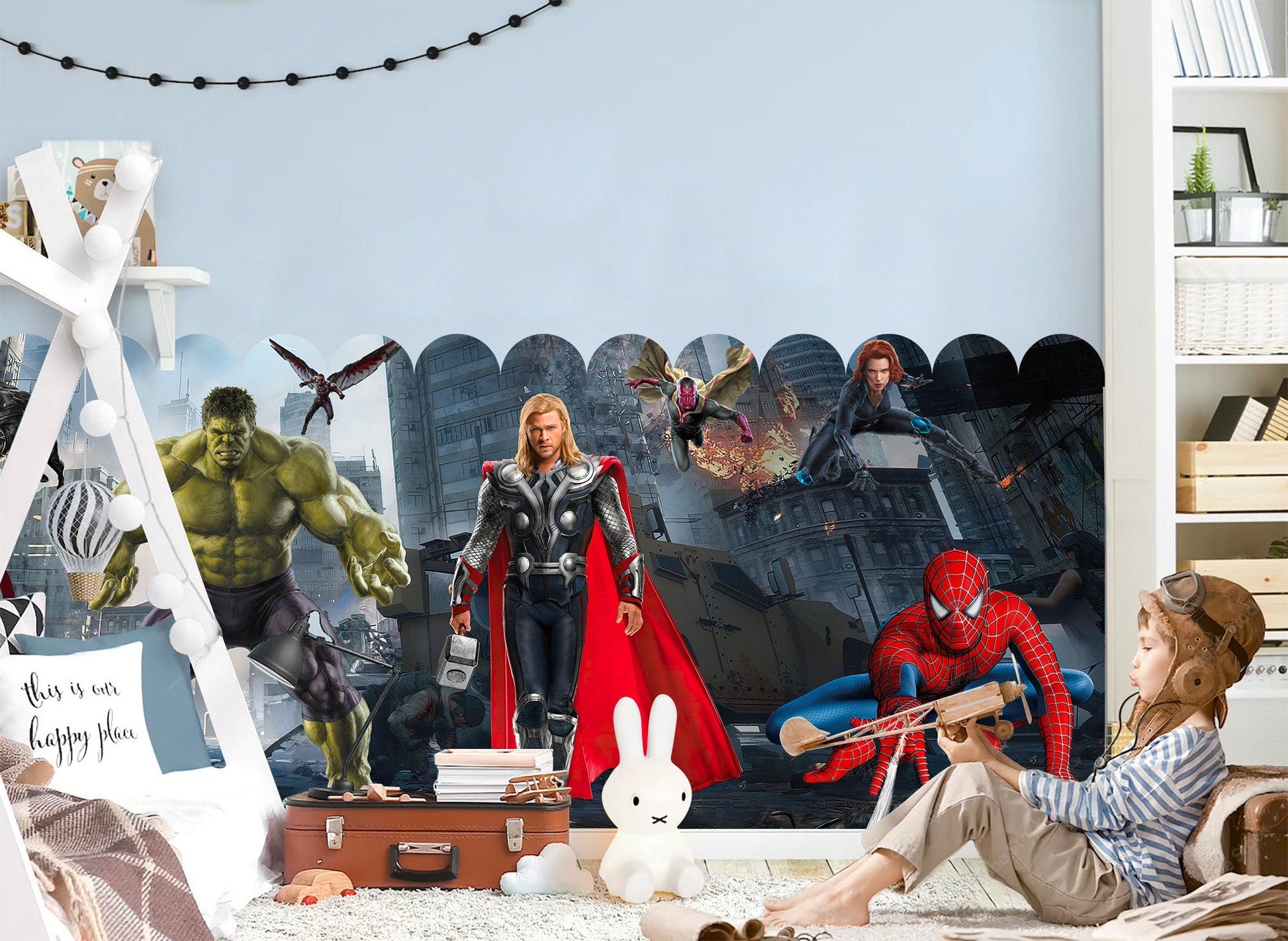 Superhero Alliance Fabric Wall Mural - City Battleground with Iron Man Captain America Batman Hulk Spider-Man