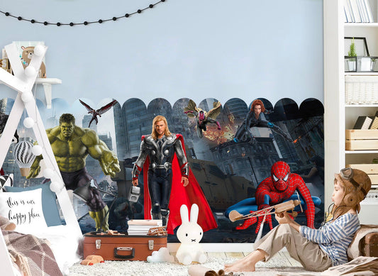 Superhero Alliance Fabric Wall Mural - City Battleground with Iron Man Captain America Batman Hulk Spider-Man