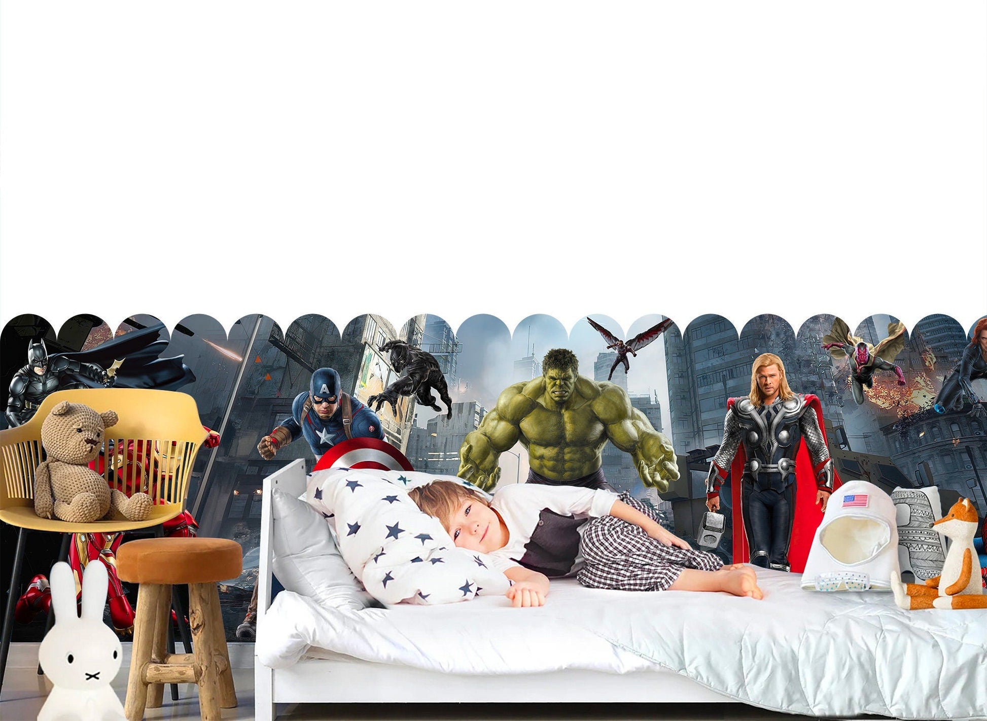 Superhero Alliance Fabric Wall Mural - City Battleground with Iron Man Captain America Batman Hulk Spider-Man