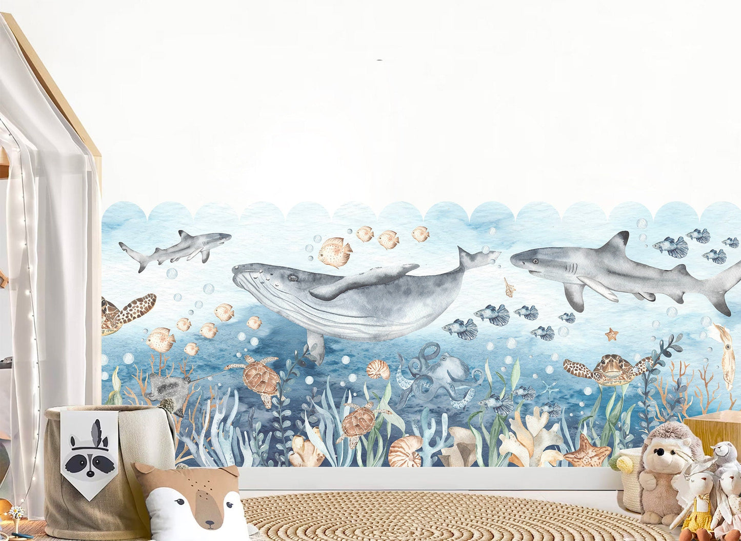 Cartoon Undersea Fabric Wall Mural - Free-Spirited Ocean Creatures: Whales, Turtles, Sharks, Octopuses, Beautiful Watercolor Decor - WM031