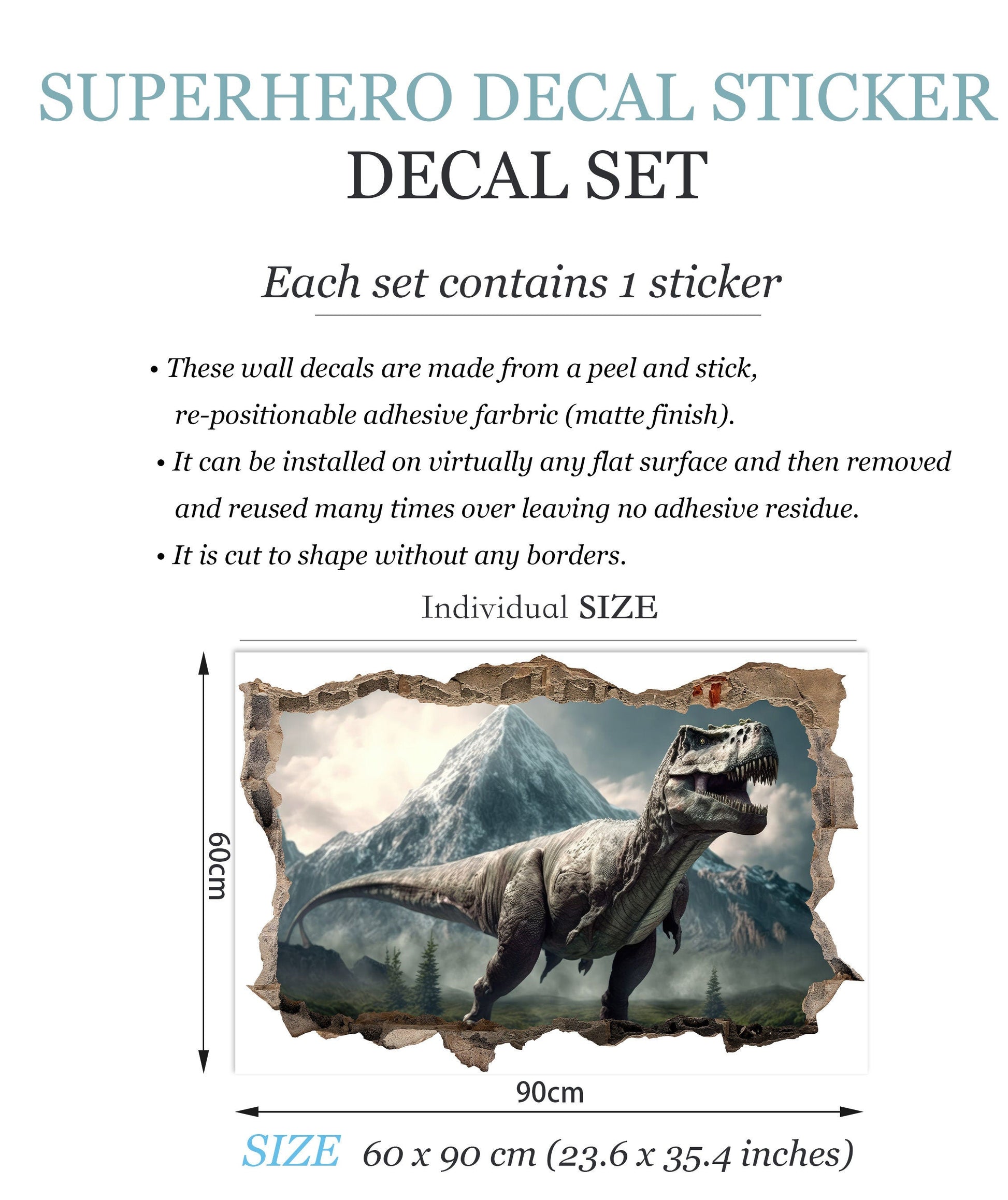 Dino World Tyrannosaurus Rex Breakthrough 3D Broken Wall Decal - Removable Peel and Stick - BW003