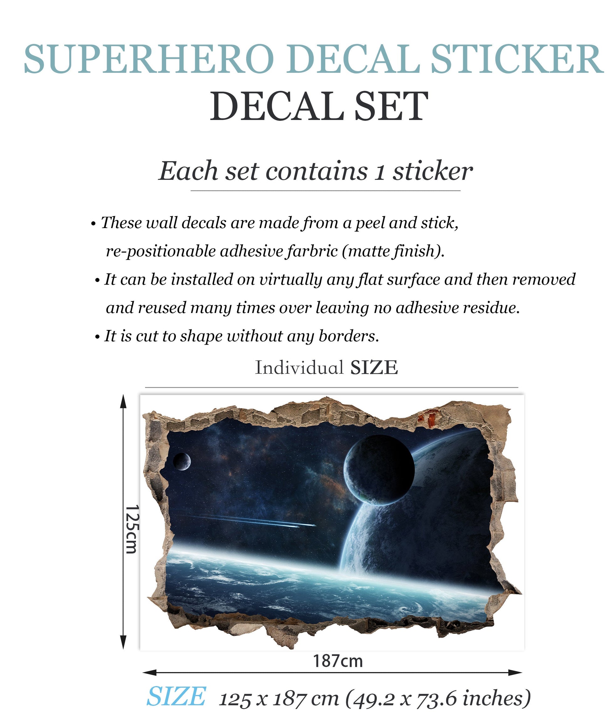 Blue Cosmos Planet Earth Space 3D Broken Wall Decal - Removable Peel and Stick - BW004