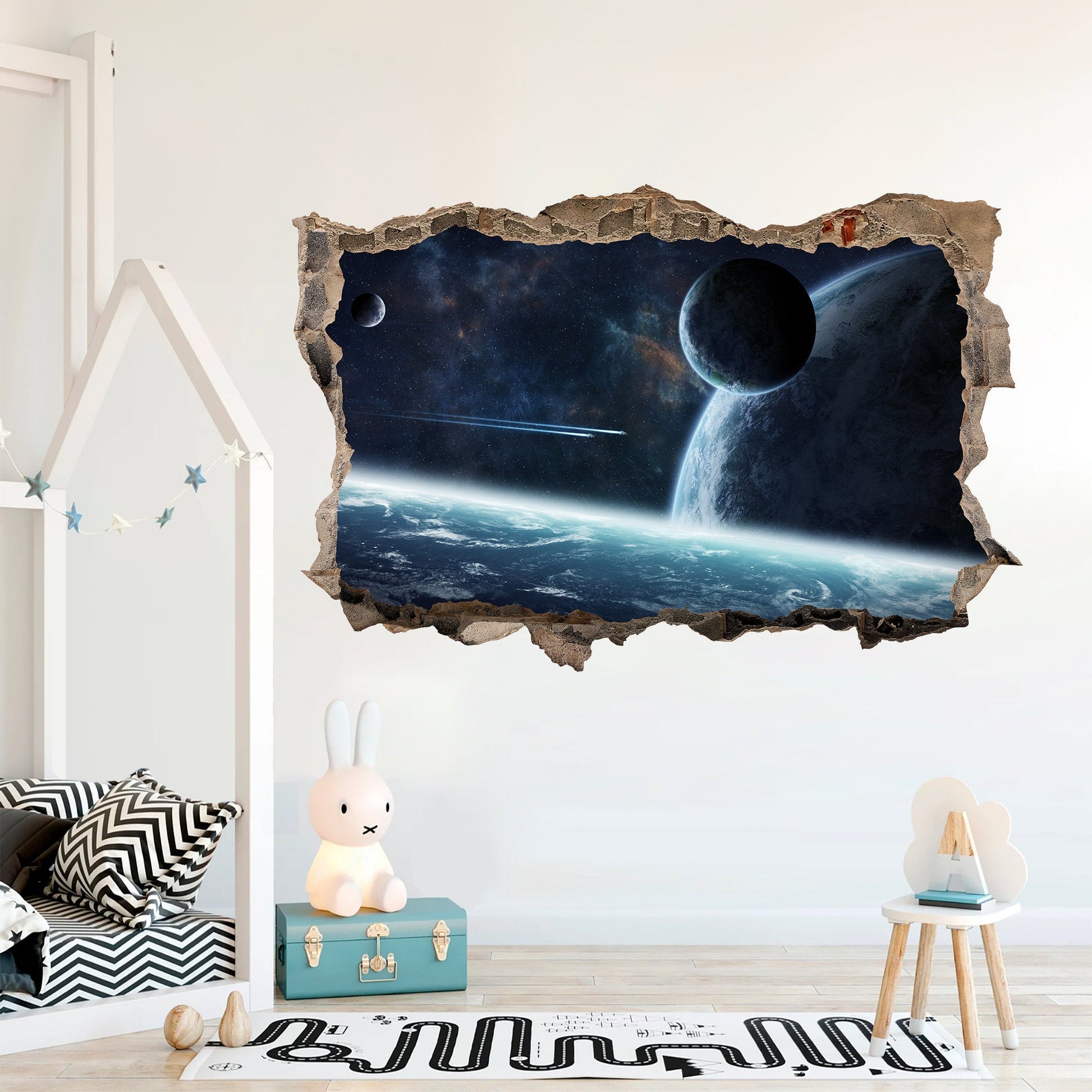 Blue Cosmos Planet Earth Space 3D Broken Wall Decal - Removable Peel and Stick - BW004