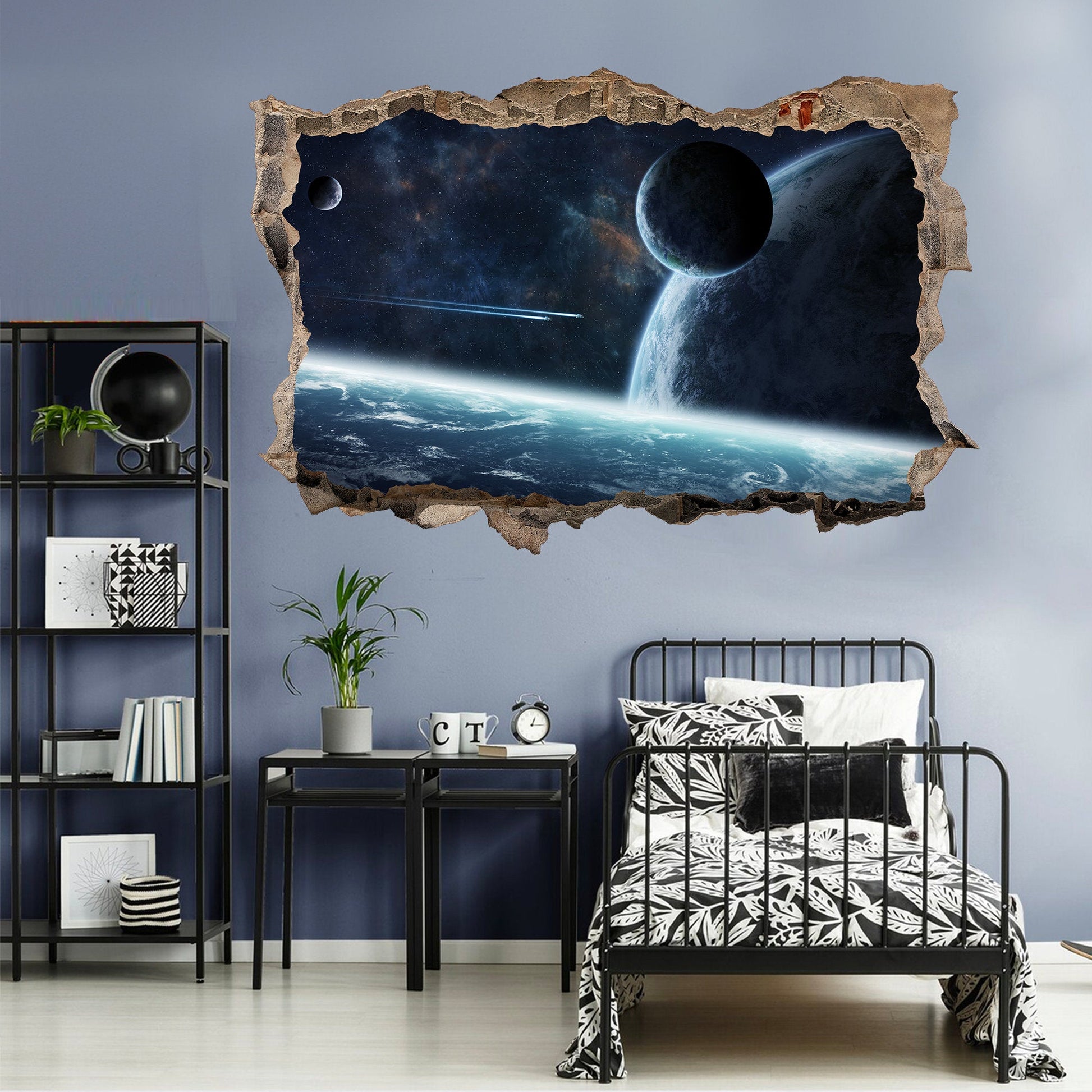 Blue Cosmos Planet Earth Space 3D Broken Wall Decal - Removable Peel and Stick - BW004