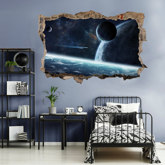 Blue Cosmos Planet Earth Space 3D Broken Wall Decal - Removable Peel and Stick - BW004