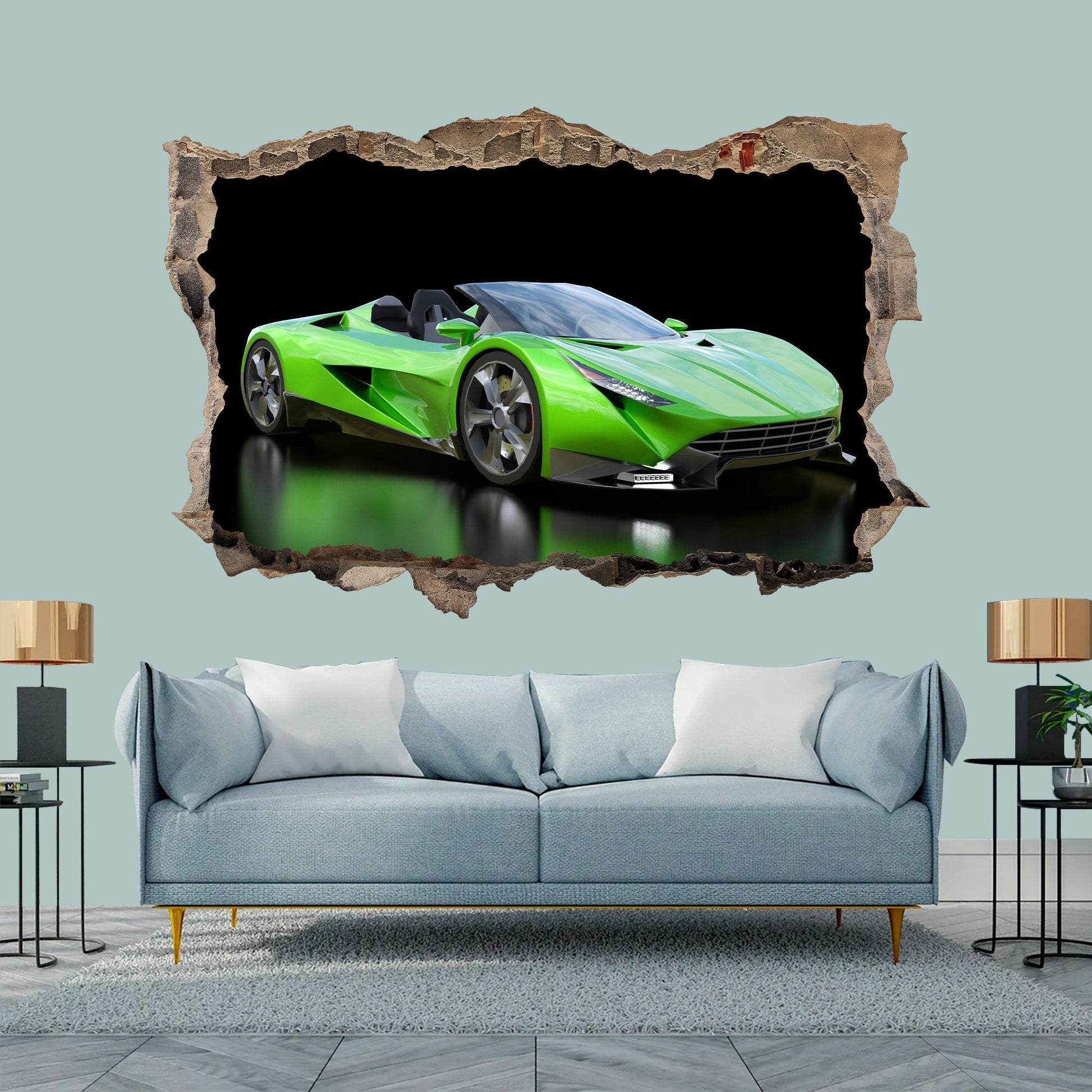 Cool Green Supercar 3D Wall Decal - Smashed Wall Effect - BW014
