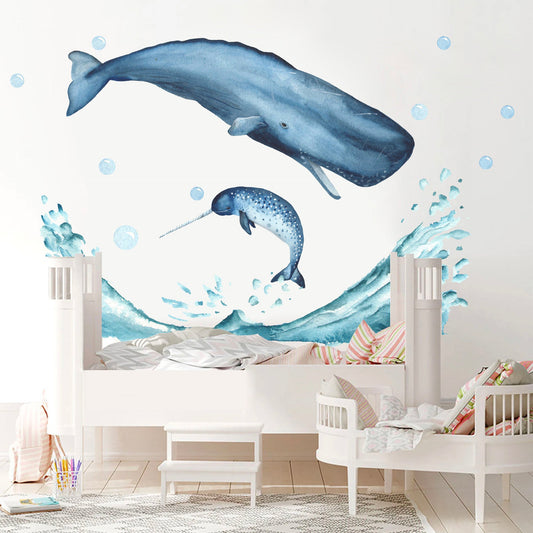 Breaching Whales Sperm Whale and Narwhal Wall Decal - BR075