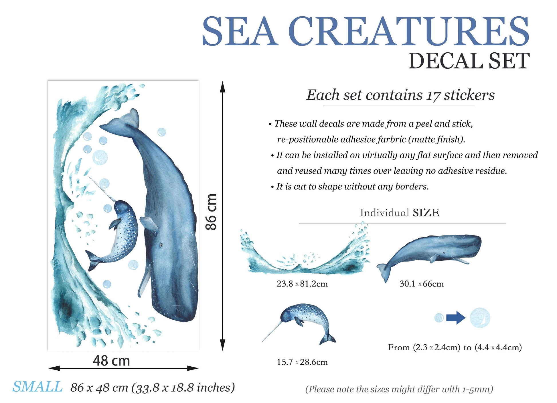 Breaching Whales Sperm Whale and Narwhal Wall Decal - BR075