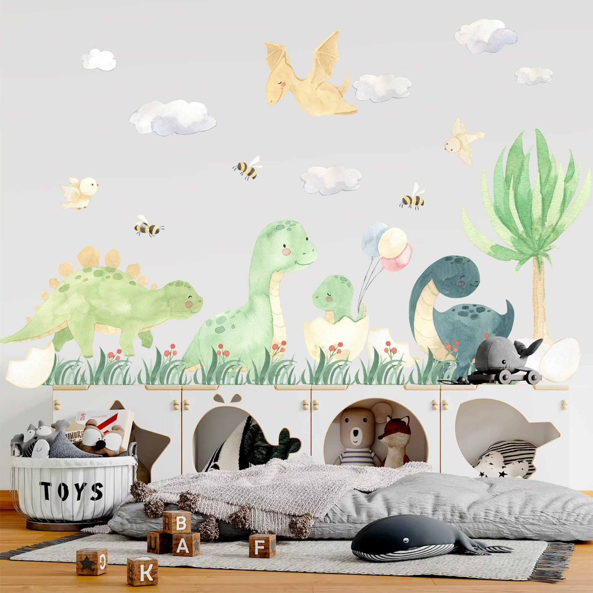 Watercolor Dinosaurs with Bee and Bird Prehistoric Removable Wall Decal - Boy's Gift - BR127