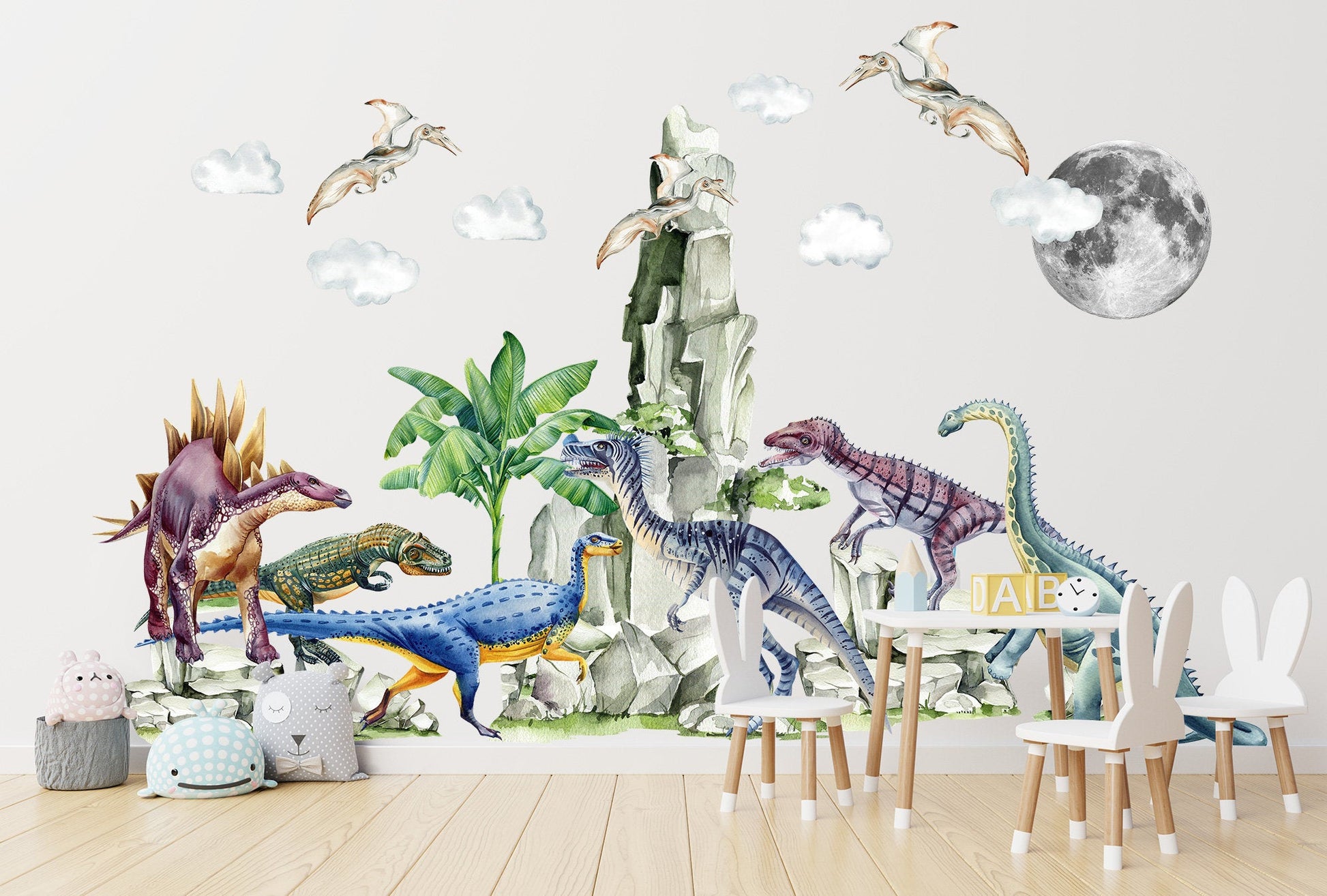 Prehistoric Dinosaurs under Moon and Tropical Palm Trees Wall Decal - Boy Room Decor - BR351