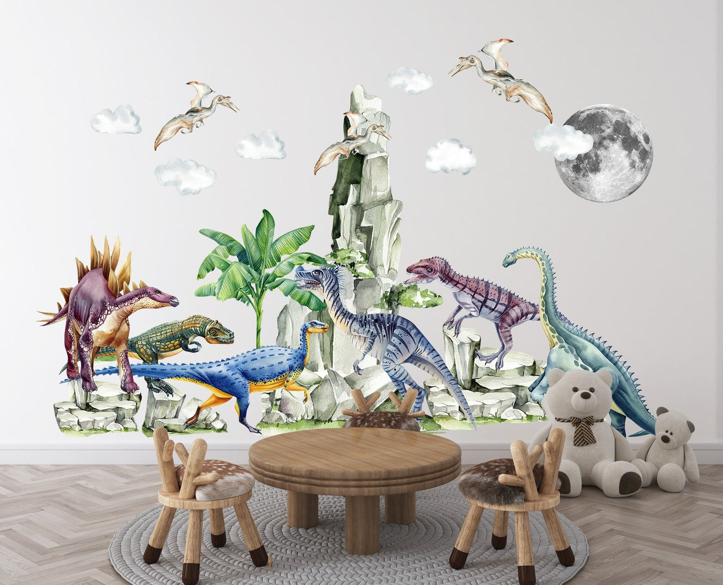 Prehistoric Dinosaurs under Moon and Tropical Palm Trees Wall Decal - Boy Room Decor - BR351
