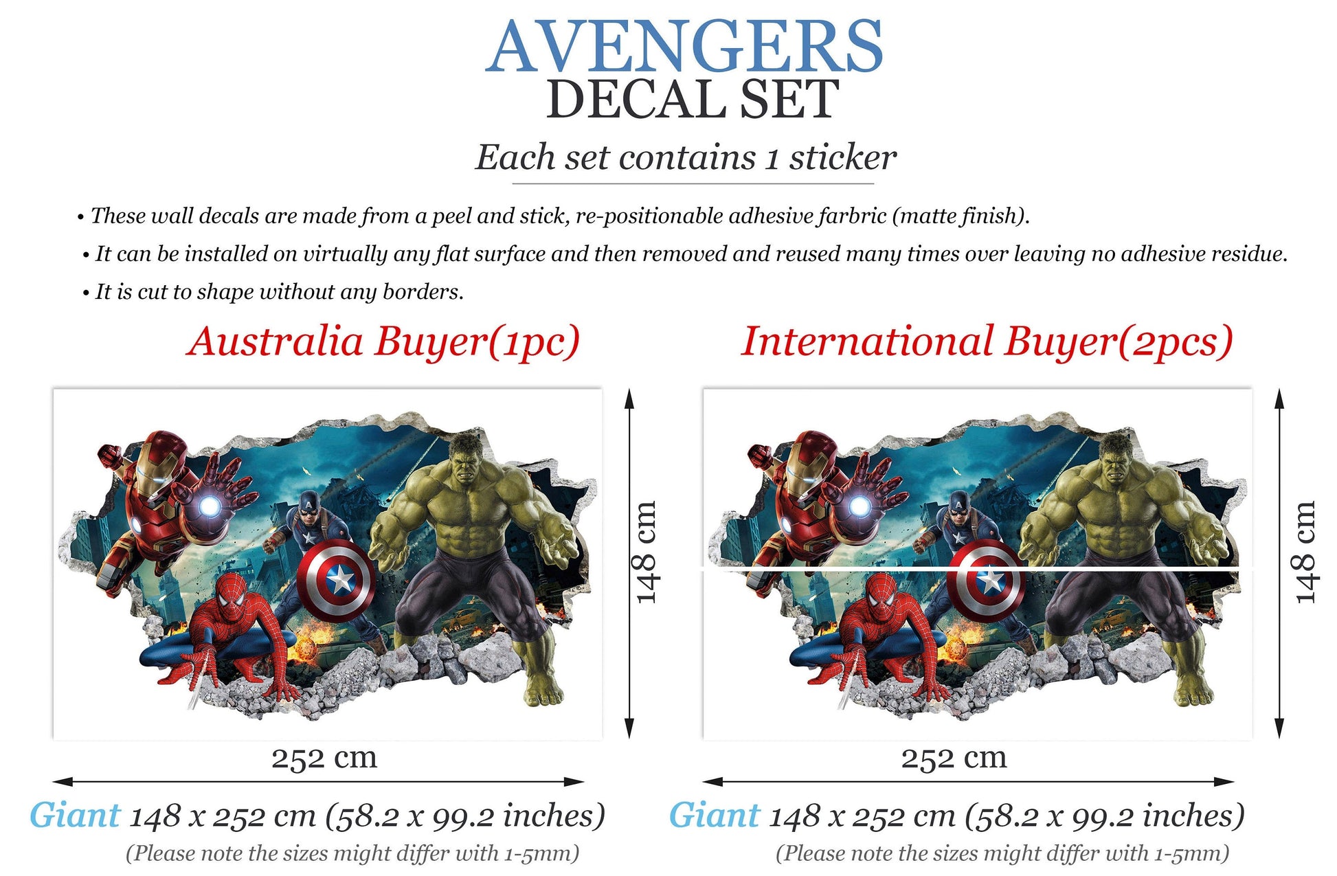 Avengers 3D Wall Decal Hulk Spiderman Iron Man Captain America Superheroes coming out 3D Smashed Wall Sticker