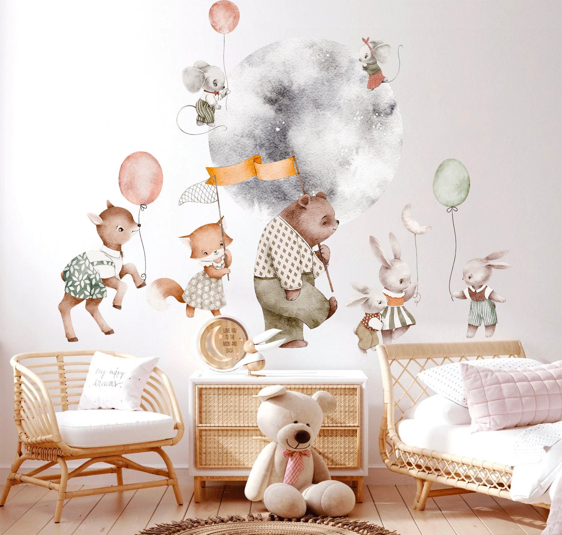 Adorable Animal Babies Strolling Under Full Moon with Balloons and Flags Removable Wall Decal - BR230