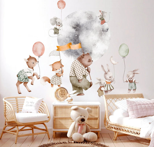 Adorable Animal Babies Strolling Under Full Moon with Balloons and Flags Removable Wall Decal - BR230