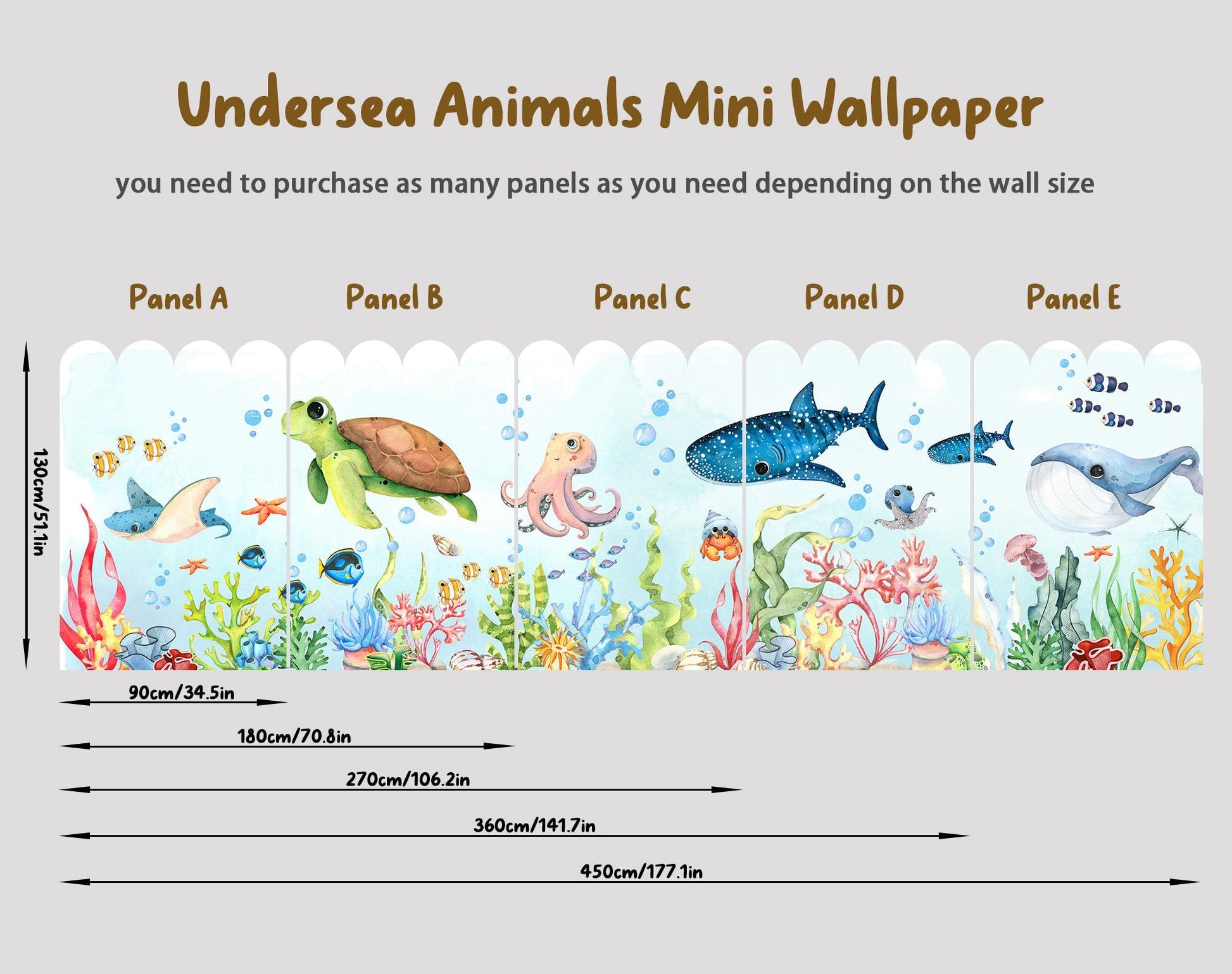 Underwater Creatures Fabric Wall Mural - Adorable Sea Life in Watercolor - WM032