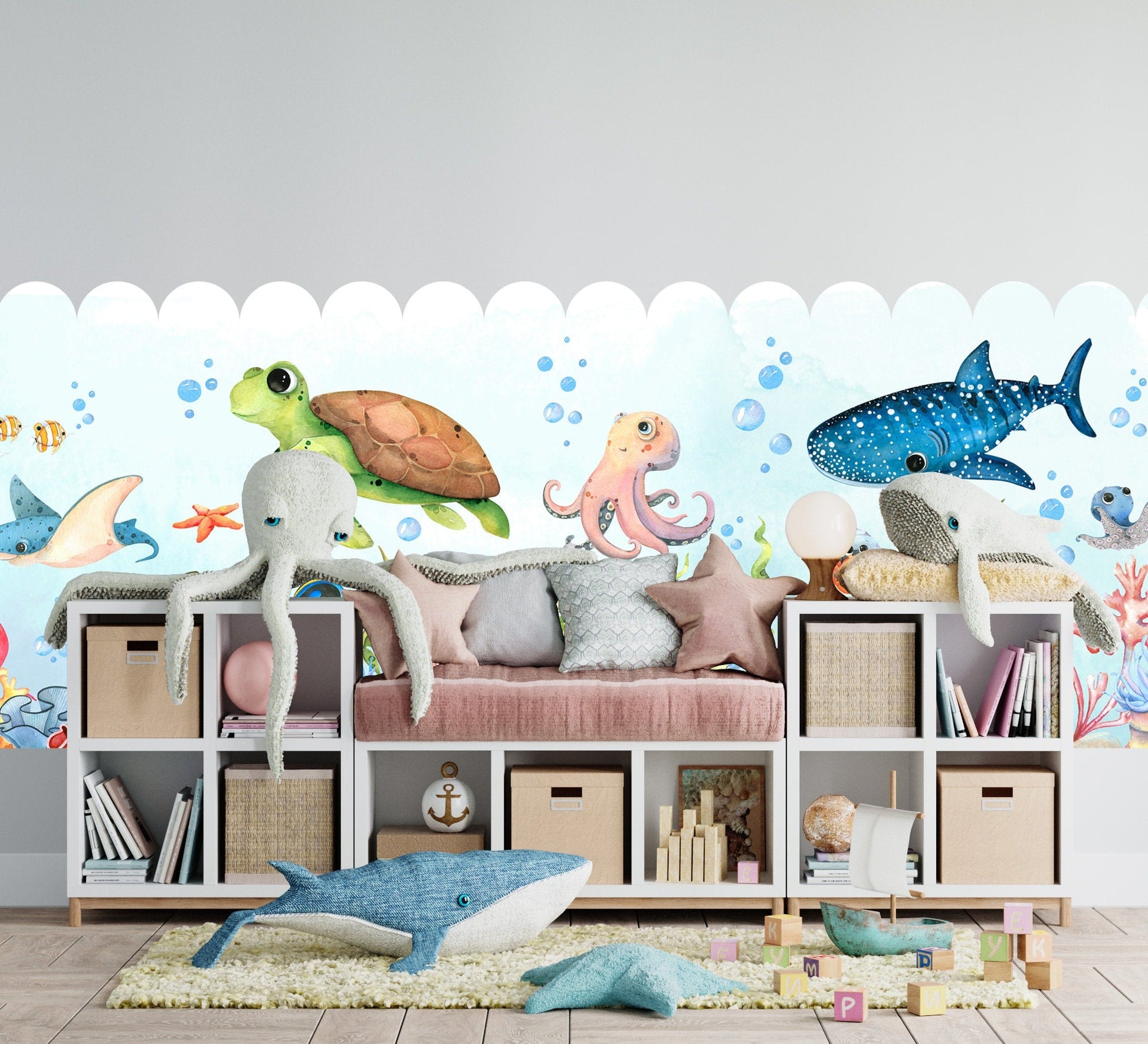 Underwater Creatures Fabric Wall Mural - Adorable Sea Life in Watercolor - WM032