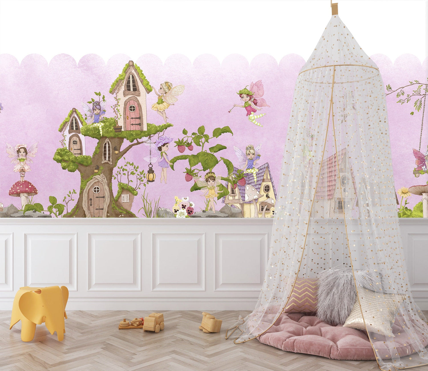 Fairy Jungle Fabric Wall Mural - Enchanting Watercolor Scenes for Girls' Room Decor - WM034