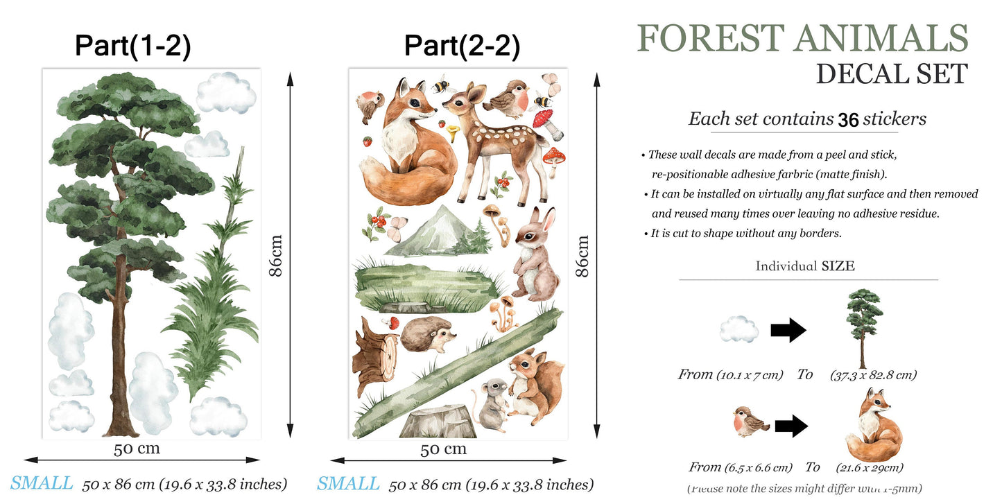 Woodland Baby Animals Cartoon Forest Wall Decal - Bunny Squirrel Fox Deer Bird Hedgehog - BR332