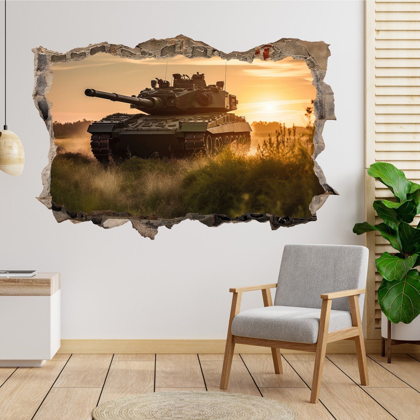 3D Tank Sunset Wall Decal - Tank Rolling on Meadow at Sunset, Room Decor - BW017