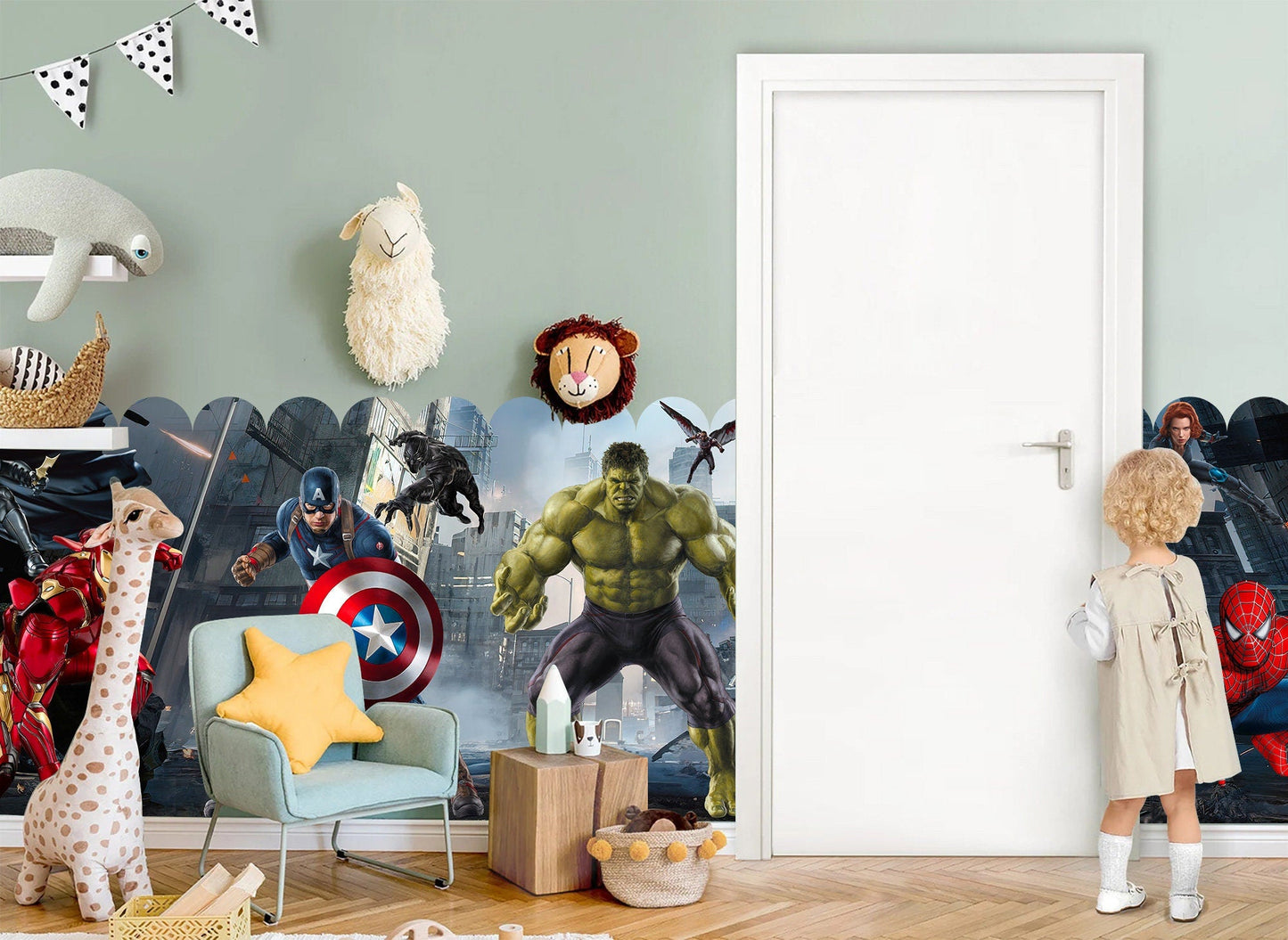 Superhero Alliance Fabric Wall Mural - City Battleground with Iron Man Captain America Batman Hulk Spider-Man