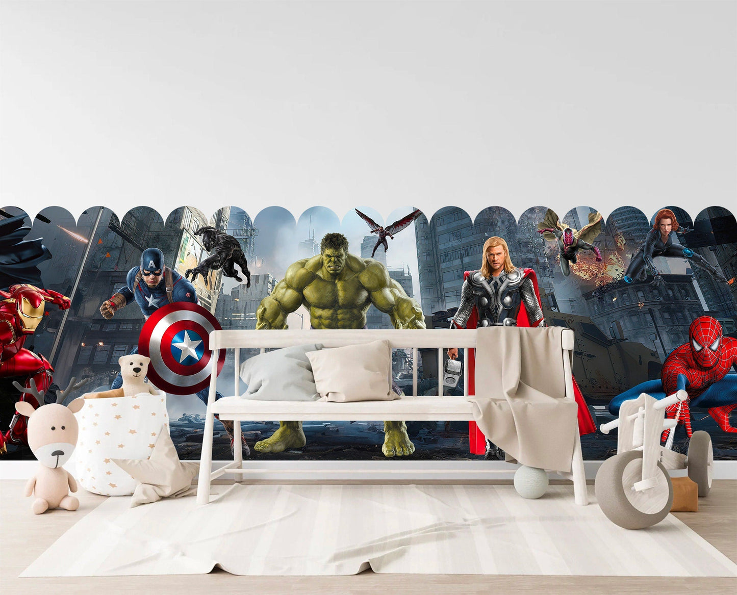 Superhero Alliance Fabric Wall Mural - City Battleground with Iron Man Captain America Batman Hulk Spider-Man
