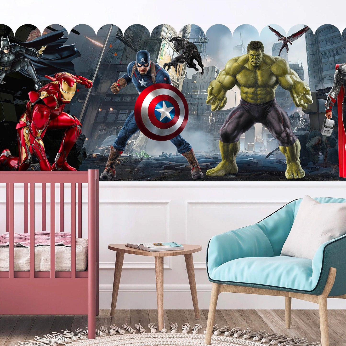 Superhero Alliance Fabric Wall Mural - City Battleground with Iron Man Captain America Batman Hulk Spider-Man