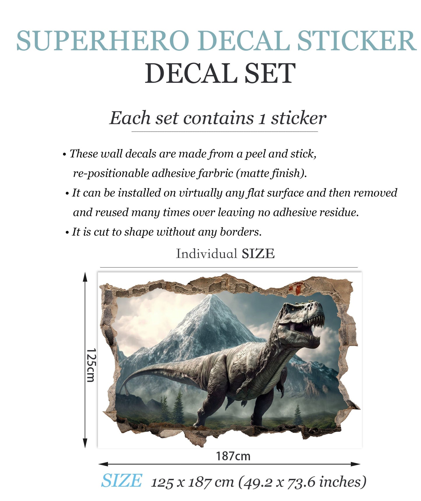 Dino World Tyrannosaurus Rex Breakthrough 3D Broken Wall Decal - Removable Peel and Stick - BW003