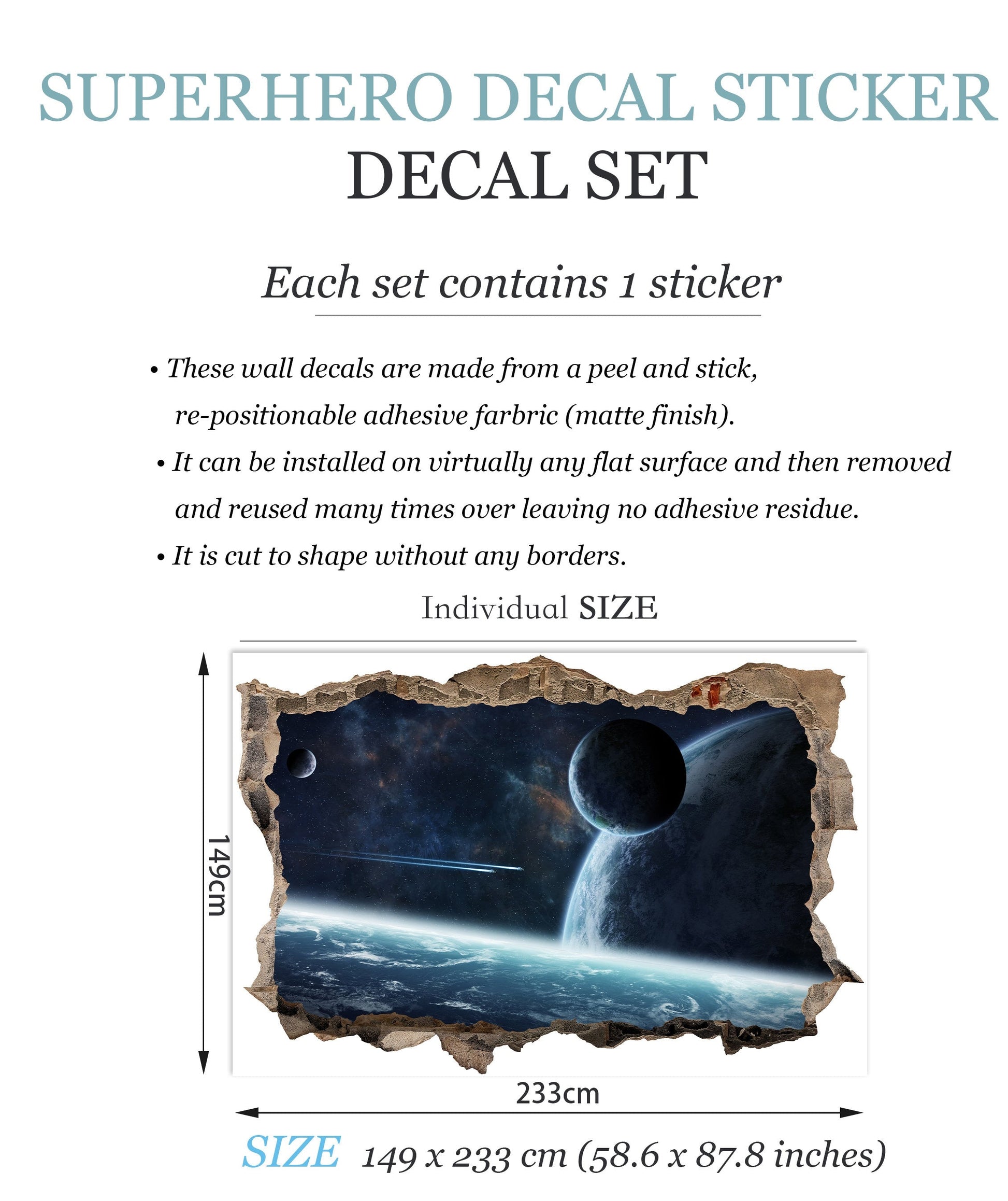Blue Cosmos Planet Earth Space 3D Broken Wall Decal - Removable Peel and Stick - BW004