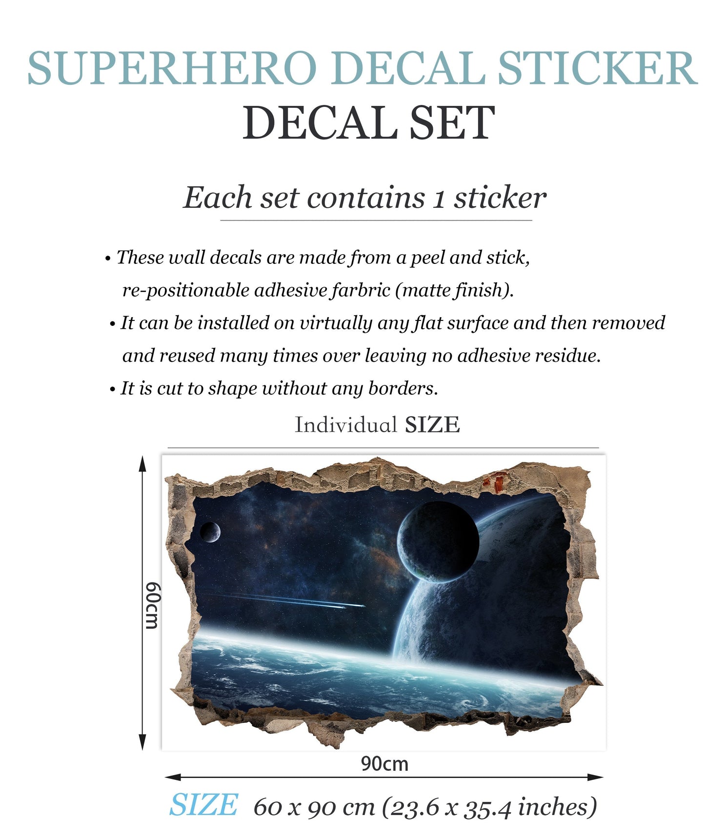 Blue Cosmos Planet Earth Space 3D Broken Wall Decal - Removable Peel and Stick - BW004