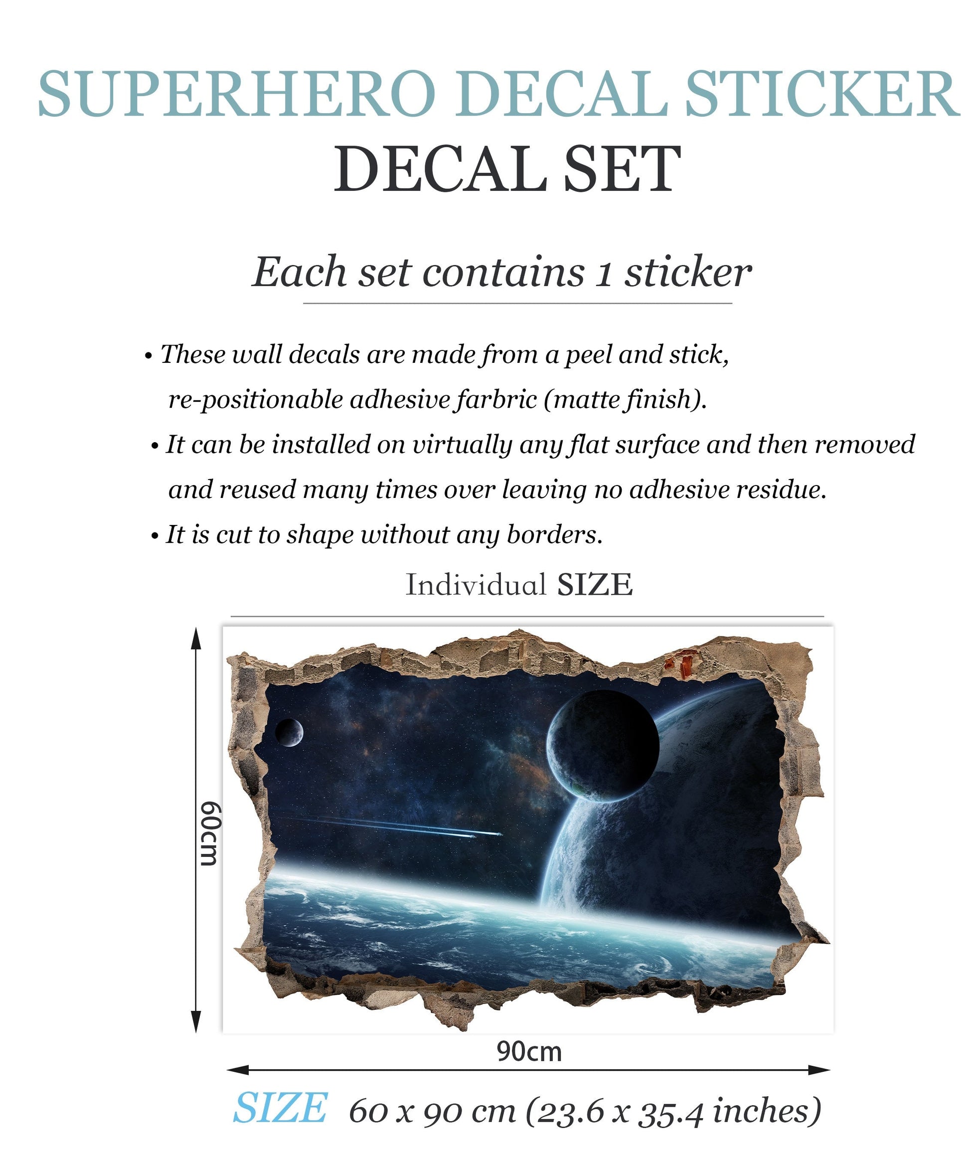 Blue Cosmos Planet Earth Space 3D Broken Wall Decal - Removable Peel and Stick - BW004