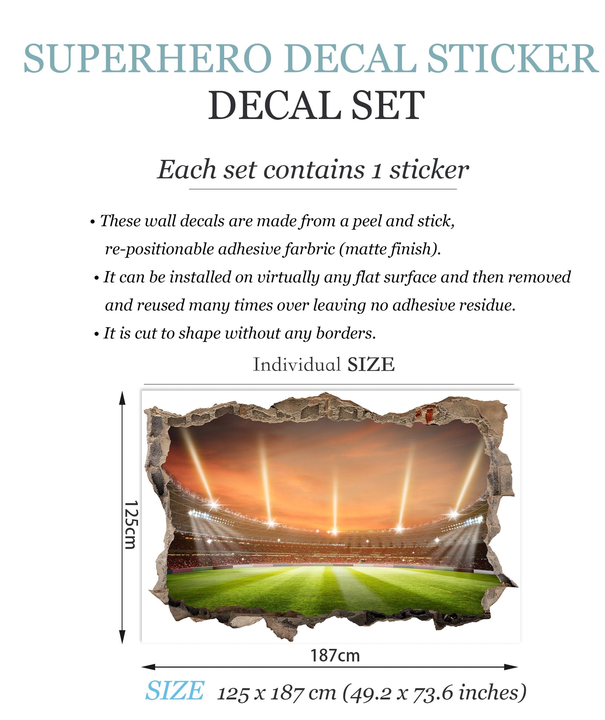 Rugby Stadium Behind 3D Broken Wall Decal - Removable Peel and Stick -BW005