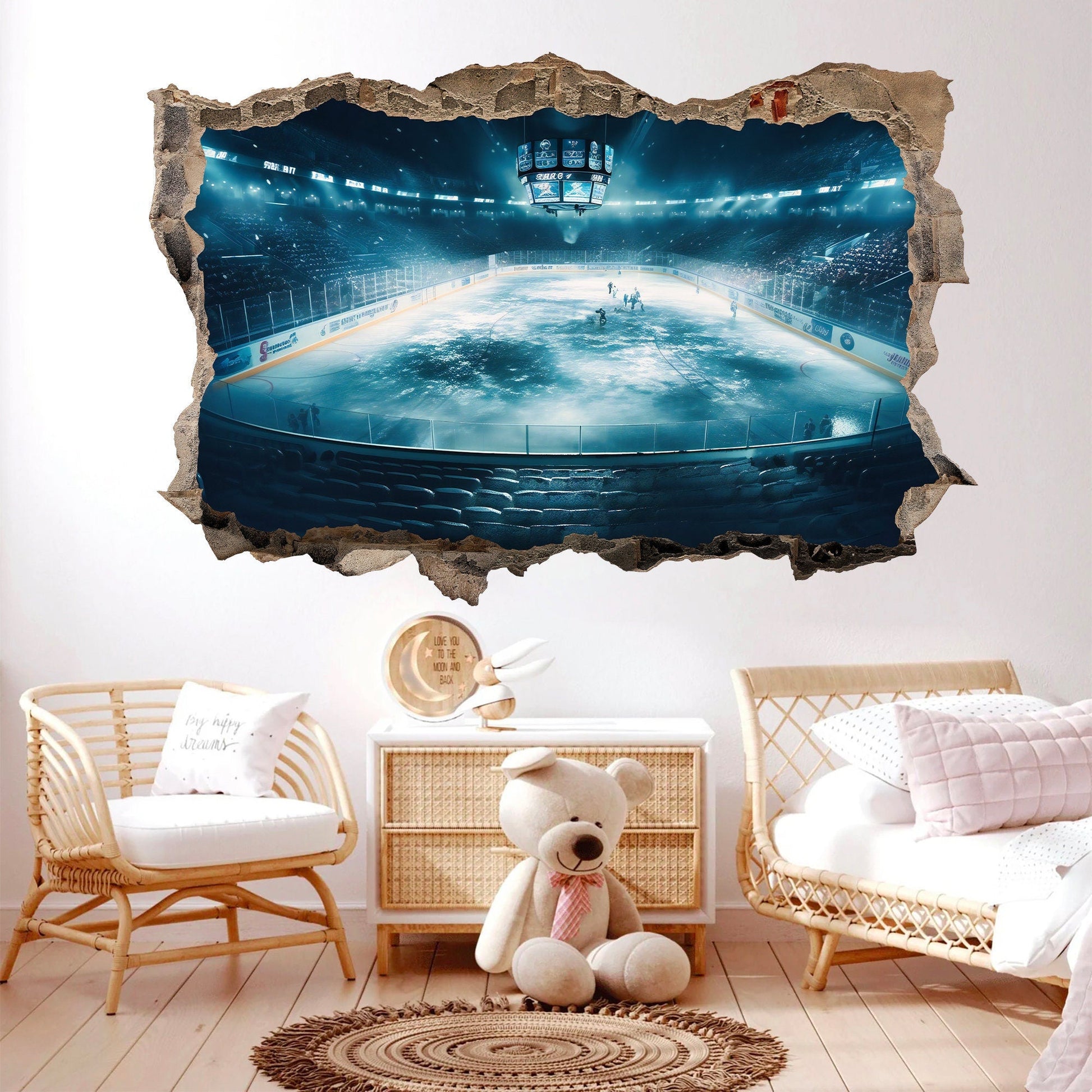 Ice Hockey Arena Breakout from 3D Broken Wall Decal - Removable Peel and Stick - BW009