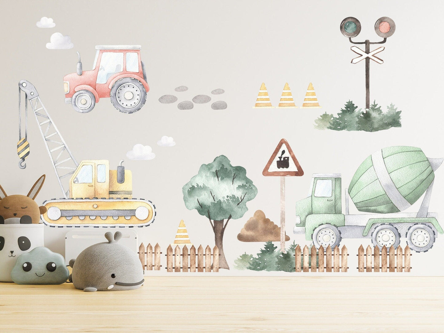 Country Style Construction Trucks Tractors Diggers Removable Wall Decal Boys Room Gift - BR097