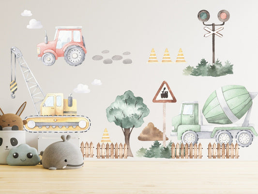 Country Style Construction Trucks Tractors Diggers Removable Wall Decal Boys Room Gift - BR097