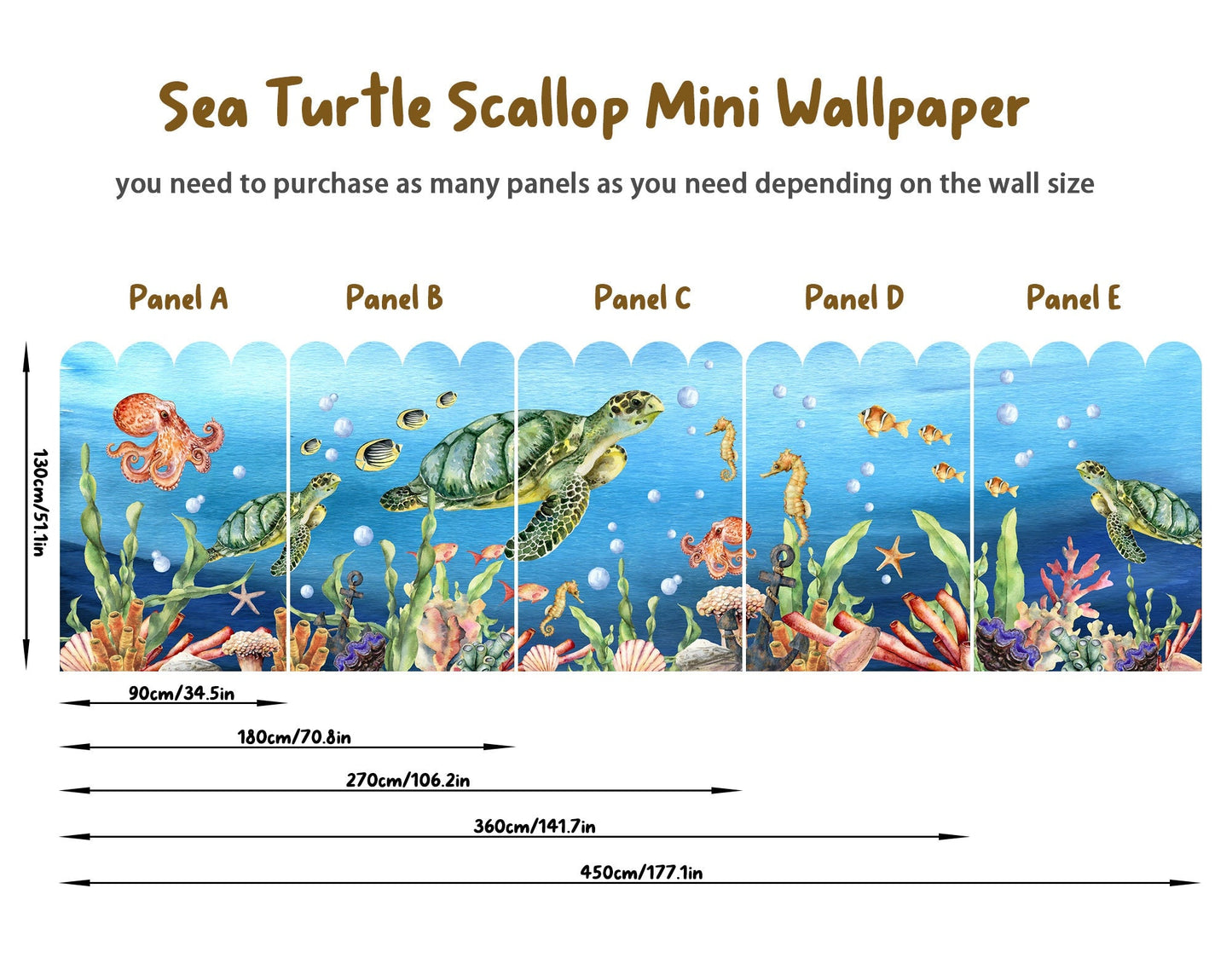 Cartoon Underwater Fabric Wall Mural - Adorable Sea Creatures, Turtles, Octopuses, Seahorses Swimming in Beautiful Watercolor - WM033