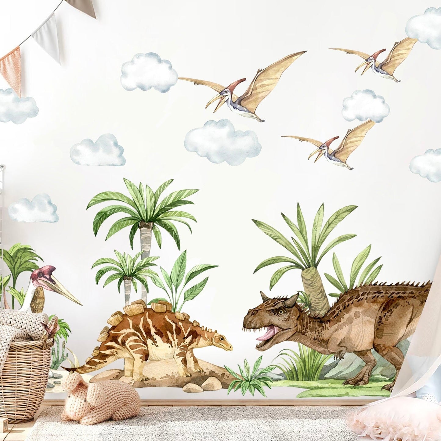 Jurassic Dinosaur T-Rex Triceratops Brachiosaurus Trees Rocks Clouds Wall Decal - BR399