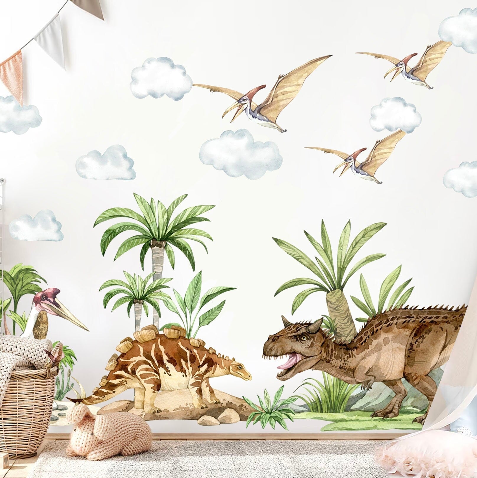 Jurassic Dinosaur T-Rex Triceratops Brachiosaurus Trees Rocks Clouds Wall Decal - BR399