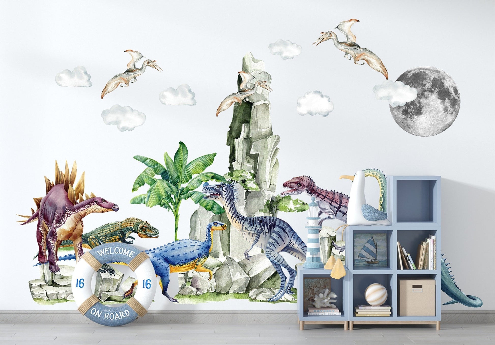 Prehistoric Dinosaurs under Moon and Tropical Palm Trees Wall Decal - Boy Room Decor - BR351