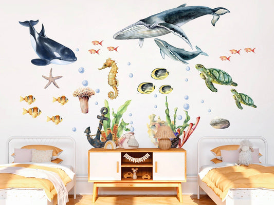 Marine Life Underwater Wall Decal - Whale Dolphin Sea Turtle Seahorse - Removable Peel and Stick - BR145